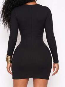 1pc All-Season Square Neck Ribbed Long Sleeve Extended Length 2-In-1 Built-In Padded Minimalist Slimming Casual Yoga Sports Outerwear Women's Black - Black - View 7