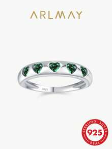 Arlmay 1 Pc 925 Sterling Silver Heart Green Zirconia Ring For Women Engagement Promise Wedding Band Love Rings - Green - View 1