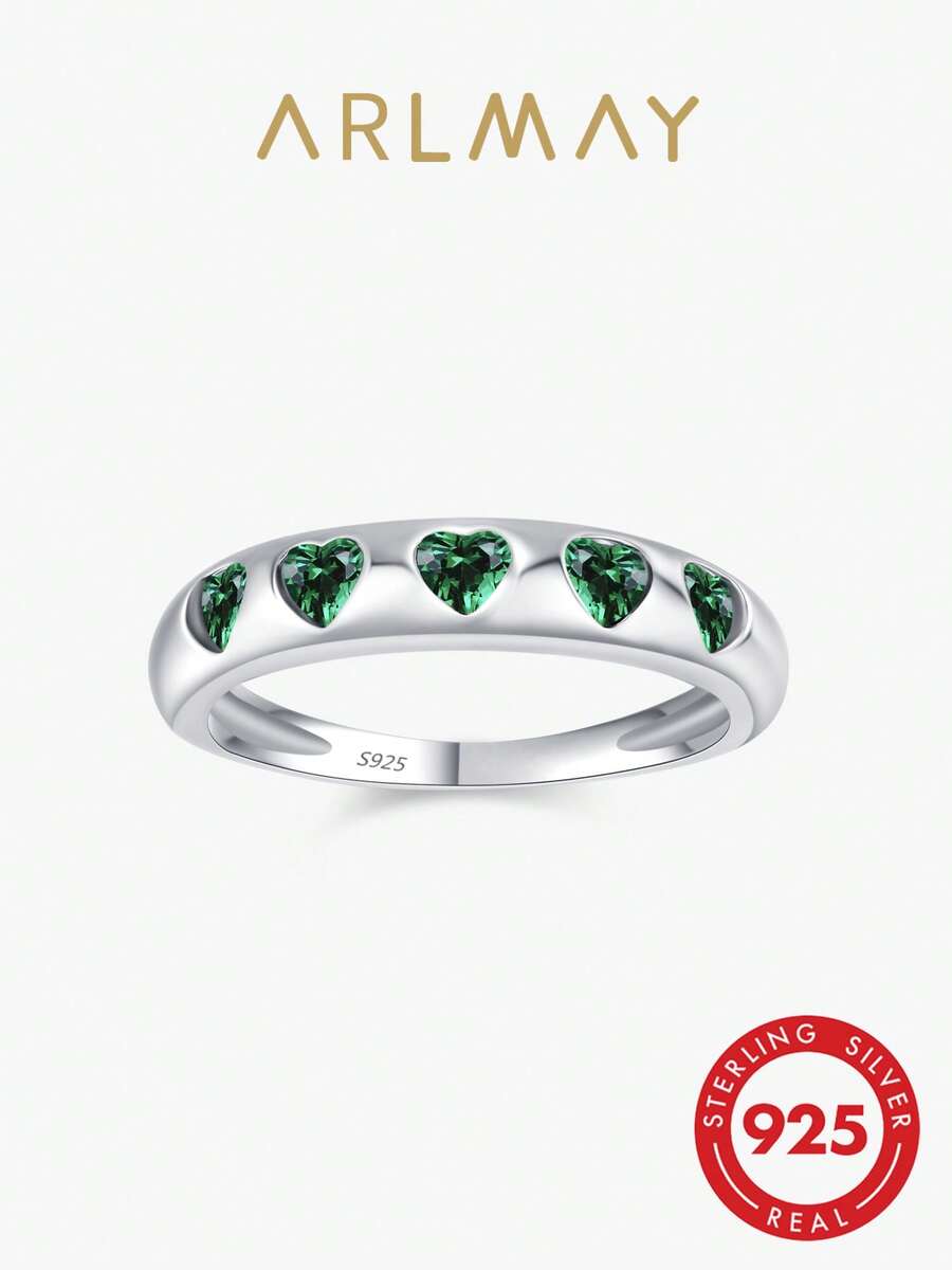 Arlmay 1 Pc 925 Sterling Silver Heart Green Zirconia Ring For Women Engagement Promise Wedding Band Love Rings - Green - View 1