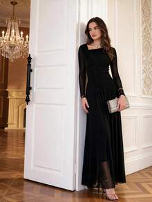 Elegant Black Asymmetric Neck Sheer Mesh Long Sleeve Maxi Dress, Ruched Waist Flowy Formal Gown For Fall Wedding Guest, Thanksgiving, Halloweenr Party - Black - View 4
