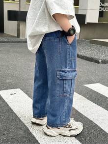 Boys Dual Side Large Pockets Cargo Wide Leg Denim Jeans Autumn Fashion Semi-Elastic Waist Washed Casual Straight Leg Long Pants - Medium Wash - View 11