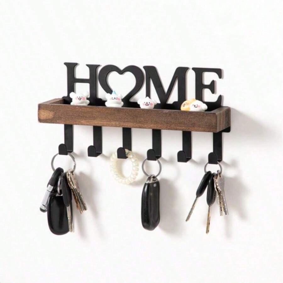 1pc Natural Wood Color Key Storage Wall Rack Metal Decorative Hook Coat Rack For Entryway Hallway - Maple - View 1