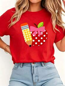 NewSummerCasualTallas Grandes, Camisetas de Mujer con Estampado de Lápiz y Manzana - Blusa Casual de Manga Corta y Cuello Redondo, Tallas Grandes 0XL-5XL, Lavable a Máquina, Tops d - Rojo - Ver 9