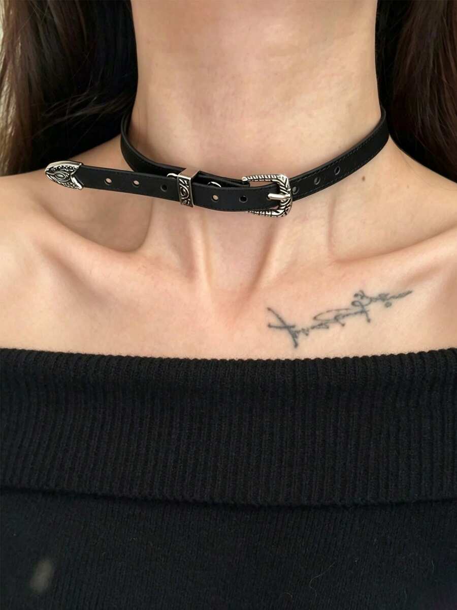 1件高級復古做舊頸鍊，深色龐克風鎖骨鏈，女款日常配戴 - 黑色 - 查看 1