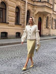 Elegant Commuter Polka Dot Print Front Button Blouse - White - View 3