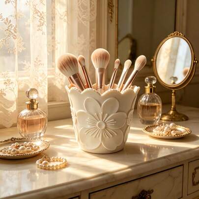 1pc/2pcs 3D Cosmetic Storage Box, Perfume Storage Box, Jewelry Storage Box, Original Elegant Embossed Cherry Blossom Makeup Brush Holder, Wavy Serrated Edge Floral Cosmetic Storage Cup, Creative Desktop Stationery Organizer, Jewelry Box, Multi-Purpose Vanity Cart, Suitable For Makeup Brushes, Stationery, Girls' Bedroom Vanity Decor, Desktop Organizer, Room Decor, Bathroom Decor, Vanity Organizer, Bedroom Decor, College Student Essentials, Bathroom Accessories, Nail Art Supplies Storage And Organization, Vanity Accessories