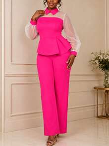 Women's Autumn 2 Pieces Set Top, Business Church Office Commute Outfit Elegant - Hot Pink - View 5