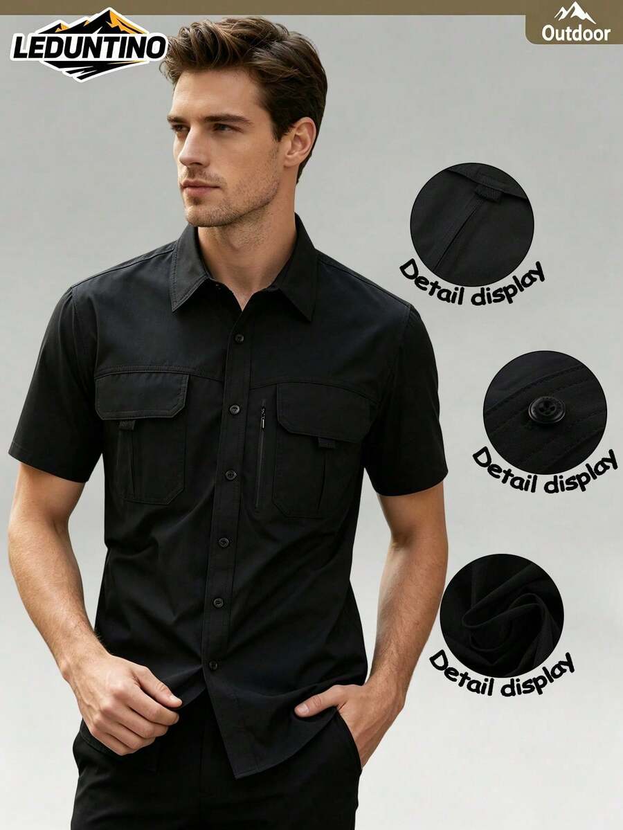 LEDUNTINO [Spring/Summer] Men's Fashion Casual Utility Shirt, Sporty Style, Solid Green, Men's Spring/Summer Short Sleeve Shirt, Collared, Button-Up Sports