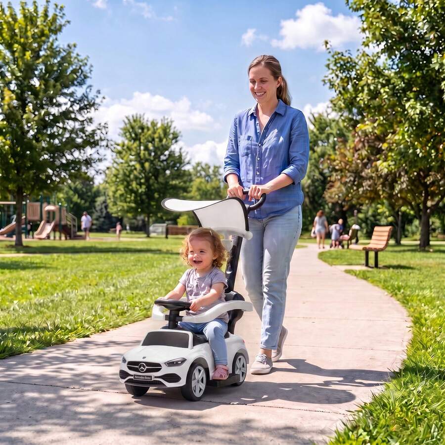 QABA 3 In 1 Toddler Push Car, Licensed -Benz Sliding Walking Car With Push Handle, Canopy, Guardrails, Horn, Music, Foot-To-Floor Ride On Toy For 18-36 Months, White - White - View 1