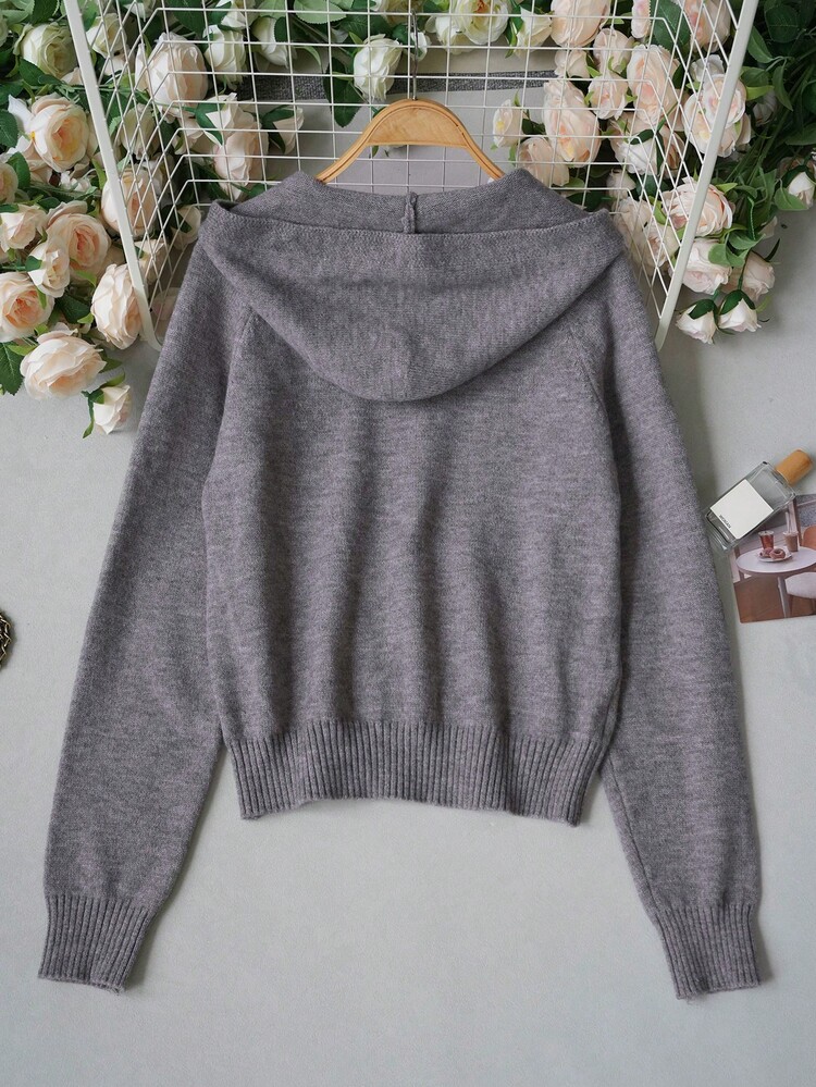 2026 Early Autumn Grey Hooded Knit Cardigan, Double Zipper Design, Minimalist And Elegant, Suitable For Daily Commute And Casual Outings, Basic Style With Effortless Sophisticated Look - Grey - View 9