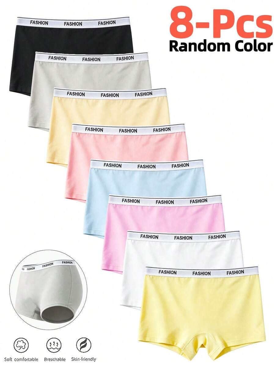 8 buah Celana Dalam Anak Perempuan Warna Permen Lucu Bentuk Empat Sudut, Celana Boxer Polyester Nyaman dan Bernapas, Pita Elastis Huruf FASHION yang Modis dengan Kain Ringan Berwarna-warni - MultiWarna - View 1