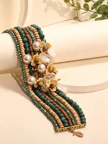 1pc Vintage Wooden Bead Faux Stone Faux Pearl Flower Tassel Metal Pendant Multi-Layer Stacked Necklace, Women's Party Vacation Accessory - X-819 - View 5