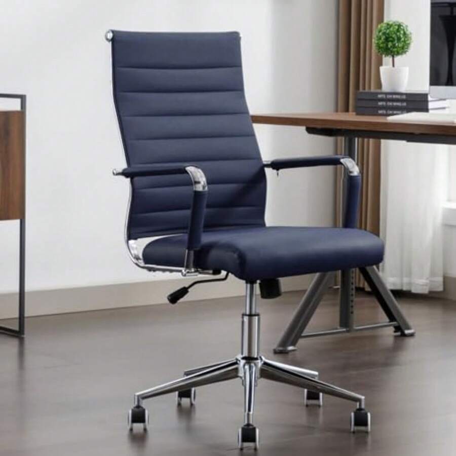 Office Desk Chair Leather, Conference Room Chairs With Wheels, Executive Modern High Back Ergonomic Swivel Rolling Ribbed Computer Chair - Navy - View 1