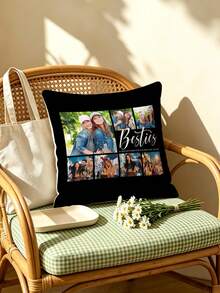 1pc Black Background Multi-Photo Layout DIY Customized Best Friend Portrait English Text Pillowcase, Best Friend Memory Image Collage Cushion Cover, Exclusive Keepsake Pillowcase For Best Friend, Living Room Sofa Bedroom Bed Head Decor Lumbar Pillowcase, Pillow Insert Not Included - Multicolor - View 2