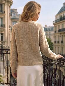 Autumn Khaki Crew Neck Knit Cardigan For Women Raglan Sleeve Button Down Fuzzy Soft Knit Tops Casual Fall Daily Outfits - Brown - View 3