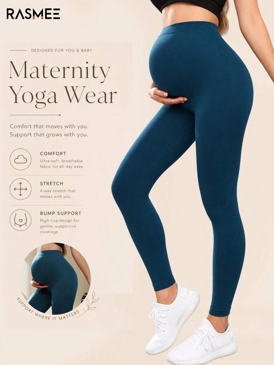 Maternity Seamless High Waist Stretch Solid Color Leggings, Suitable For Daily Casual Wear - Green - View 1