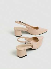 Women's Nude Pointed Toe Slingback Chunky Heel Pumps, Adjustable Buckle Dress Shoes For Wedding, Commute And Daily Wear - Apricot - View 4