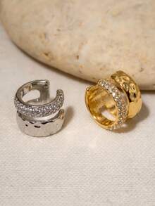 Punk Style Rhinestone Thick Round Clip-On Earrings, Gold Round Wire Texture Ear Clips, Chunky Ear Clips, Jewelry Gift - Diamond Earrings - View 4