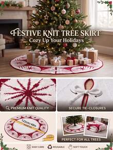 1pc 36in/48 In Knitted Christmas Tree Skirt, Red & White Snowflake Pattern Holiday Tree Mat With Tie Closure, Christmas Tree Base Cover, Reusable Christmas Home Decor For Living Room, Holiday Party Decoration - Multicolor - View 8