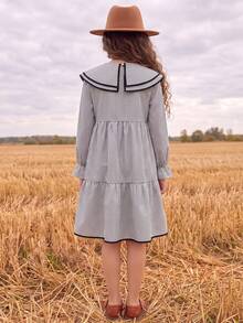 Tween Girls Tween Girl Autumn/Winter Transition Season Autumn Dress, Comfortable Loose Fit, Black & White Striped Color Block, Layered Ruffle Collar, Bowknot Rope Tie, Doll Style A-Line Ruffle, Cute Pastoral Vacation Casual Everyday - Multicolor - View 2