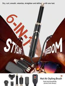 6-In-1 Multifunctional Hot Air Brush, Hair Dryer Curling Straightening Styling Brush, Long Lasting Hairstyle, For All Hair Types, Unisex, Home Salon Travel Use, Ideal Holiday Gift   Hair Accessories/Hair Curler/Hair Tools/Curling Iron/Hair Stuff - Black - View 3