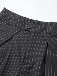1pc Women's Striped Pleated Straight Leg Pants, Business Commute, Casual , Striped Ruffle/Frill Hem Straight Leg Pants Black - Black - View 6
