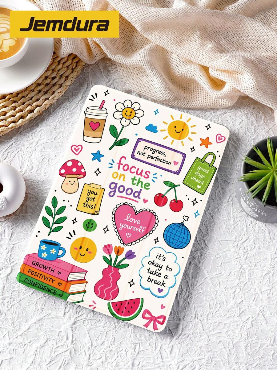 1pc Cute Element Collage Slogan Pattern Tablet Protective Case, Tri-Fold Stand Protective Shell, Compatible With IPad 10.2 Inch 10th/11th Gen (A16) / Air 8 2026 (11-Inch), Air 4th 10.9 Inch, With Pen Slot Storage, Supports Sleep/Wake, Compatible With Samsung, , And .