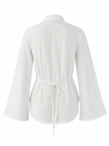 Women's Light Chinese Style Shirt With Frog Buttons And Back Tie Waist - White - View 8