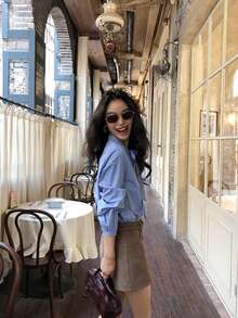 Blue Bowknot Striped Long Sleeve Blouse For Women, Elegant Top - Blue - View 11