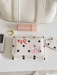 Sweet Polka‑Dot Bow And Dog Decor Pu Small Wallet, Heart Charm Card & Id Document Holder Purse, Cute Gift For Birthday Christmas Halloween For Girls - Multicolor - View 5