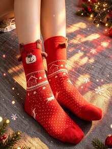 1/3/6Pairs Mixed Color Pack Autumn Winter Christmas Socks Santa Claus Gift Snowflake Reindeer Cute Cartoon Mid-Calf Socks Holiday Limited Edition Warm Breathable - Multicolor - View 9