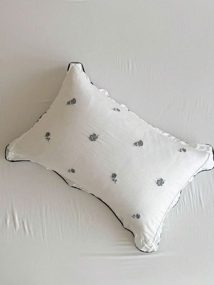 1pc Black Embroidered Rose Ruffle Edge Pillowcase, French Princess Style Decorative Throw Pillow Cover Suitable For All Seasons, Pastoral Style Simple Gentle Decorative Long Pillowcase, Machine Washable, No Filling Included - Black and White - View 1