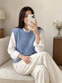 Wixra Women's Crew Neck Cable Knit Sleeveless Sweater Vest, Loose Fit Solid Knit Waistcoat Top - Dusty Blue - View 3