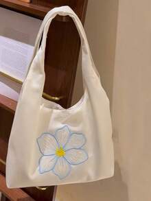 開學季新款中式小眾設計 Ins 風刺繡花緞面帆布托特包 女款韓系大容量休閒百搭通勤外出日常購物單肩腋下包 - 白色 - 查看 6