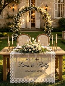 Personalized Lace Trim Tulle Table Runner, Customizable Text/Name/Date, Custom Wedding Table Decor, Suitable For Weddings, Anniversaries And Parties - Multicolor - View 4