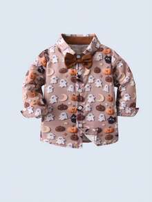 BOARNSEORL Young Boys Gentleman 2-Piece Suit Set, Pumpkin Cute Ghost Magic Hat Pattern Shirt With Bow Tie And Long Pants Suspenders, Fashionable Style For Birthday Party, Halloween Event, Formal Occasion - Khaki - View 6