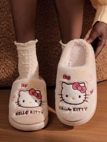 SANRIO Women's Autumn/Winter Warm Fuzzy Slippers, Cute KT Design, Comfortable Thermal Lined Fashion House Shoes For Indoor - White - View 3