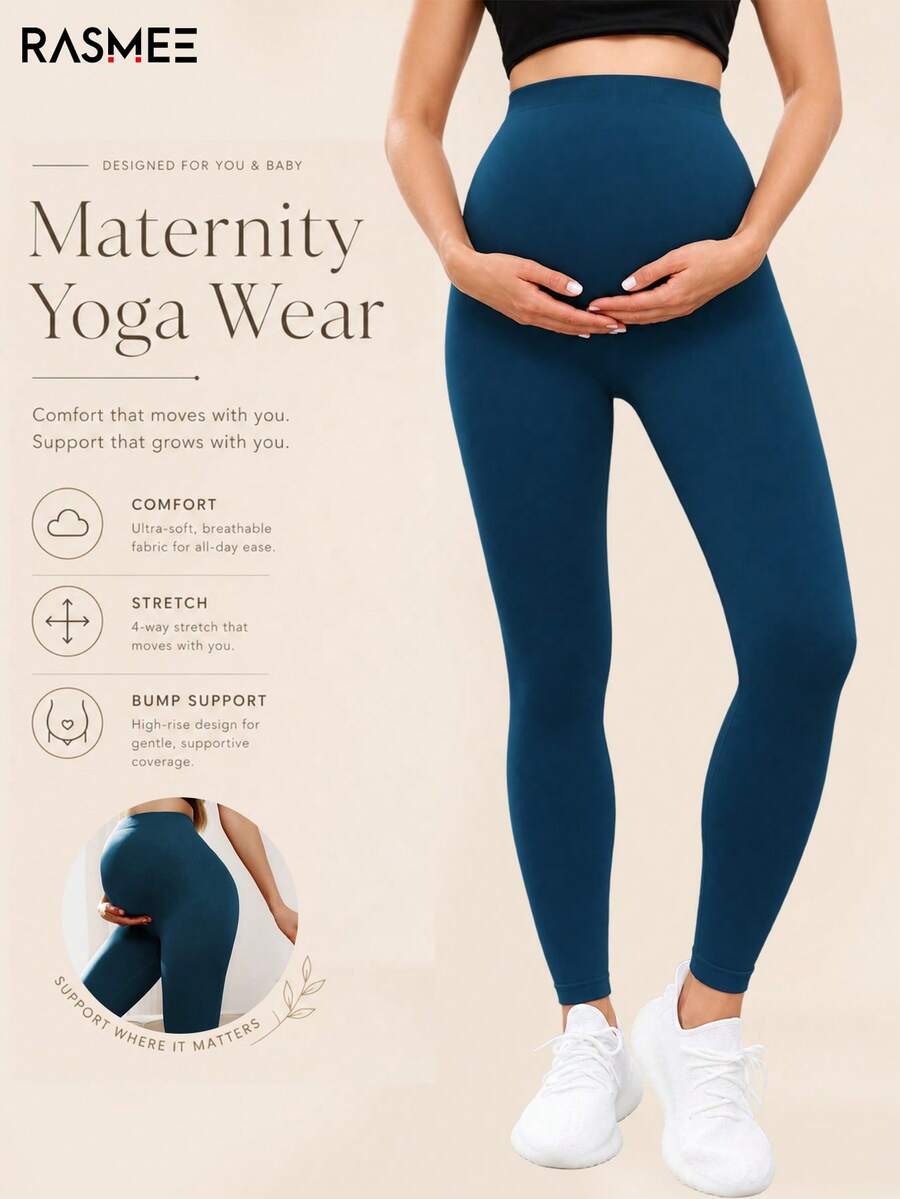 Maternity High Waist Seamless Elastic Solid Color Leggings, Suitable For Casual Daily Wear Spring - Hunter Green - View 1