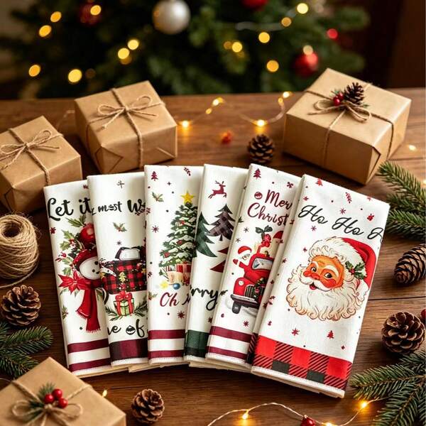 1/3/6pcs Christmas Kitchen Dish Cloth Set, Santa Claus, Snowman, Christmas Tree, Vintage Truck Print Tablecloth, Super Absorbent Microfiber Cleaning Cloth, Holiday Decor Tea Towel, Suitable For Kitchen And Room Decoration, Christmas Home Decor