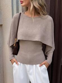Women's Ribbed Knit Batwing Sleeve Sweater, Elegant Autumn Pullover, Mid-Stretch Long Sleeve Regular Fit Top - Dusty Purple - View 3