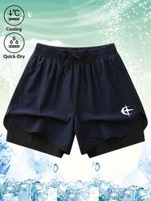 Celana Pendek Olahraga Pria Dua Lapis, Desain 2 in 1, Kain Cepat Kering, Perlindungan Matahari, Bernapas, Motif Modis, Penting untuk Lari, Kebugaran, Mendaki, dan Jogging Santai di Luar Ruangan - Navy Blue - View 4