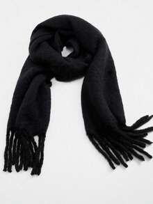 1pc Women's Long Solid Color Plush Scarf, Winter Warm Neck Protection, Black Thick Shawl-Style Tassel Warm Scarf - Black - View 4