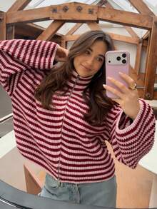 女款時尚條紋拼接配色拉鍊長袖針織開襟衫 - 紅色 - 查看 5