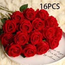 1/5/8/10/12/15/16/20/22支 20英吋人造紅玫瑰仿真花，逼真絲絨假花，新娘花束，花卉裝飾，情人節禮物，婚禮派對，家居裝飾，生日禮物，戶外裝飾，花瓶裝飾（購買須知：可能含有氣味，請先通風一段時間） - 紅色 - 查看 16