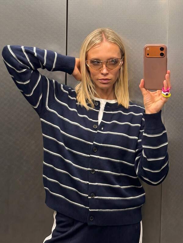 Navy Blue Horizontal Striped Button Down Crew Neck Long Sleeve Knit Cardigan Women Casual Versatile Back To School Y2K Holiday Fall Winter Top