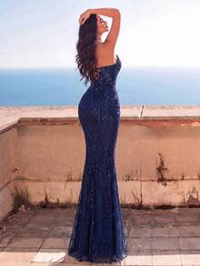 Women's Romantic Strapless Sequin Long Dress, Embellished With Exquisite Pearl And Rhinestone Details, Suitable For Elegant Evening Parties And Balls - Royal Blue - View 2