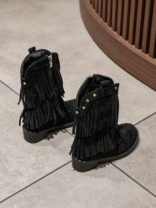 1 Pair Kids Vintage Western Style Cowboy Boots, Double Layer Fringe & Rivet Decor Mid-Calf Boots, Suitable For Holiday Outings, Party Looks, Autumn/Winter - Black - View 9