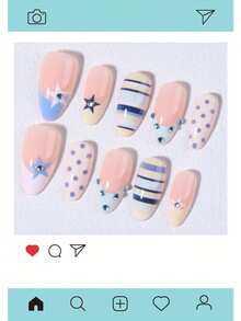 30pcs Long Almond Shape French Press-On Nails, Blue Nails With Stripes And Polka Dots, Star Pattern Design, Decorated With Rhinestones. Set Includes: 1pc Jelly Glue And 1pc Nail File. - Multicolor - View 4