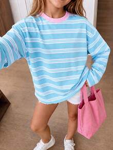 1pc Tween Girl Light Blue Pink White Colorblock Fine Striped Long Sleeve T-Shirt, Macaron Fresh Unisex Loose Top For Spring And Autumn - Blue - View 1