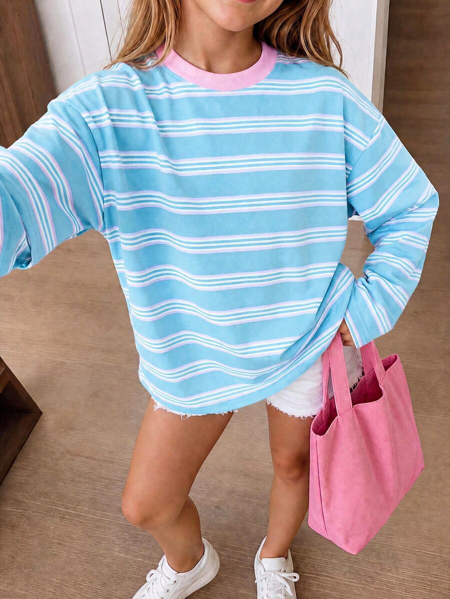 1pc Tween Girl Light Blue Pink White Colorblock Fine Striped Long Sleeve T-Shirt, Macaron Fresh Unisex Loose Top For Spring And Autumn - Blue - View 1